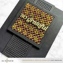 Black card with yellow and red text 'go grateful' on a white background