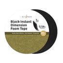 Black instant dimension foam tape with floral patterned backing on a white background