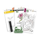 Altenew stamp set with floral designs and packaging on a white background