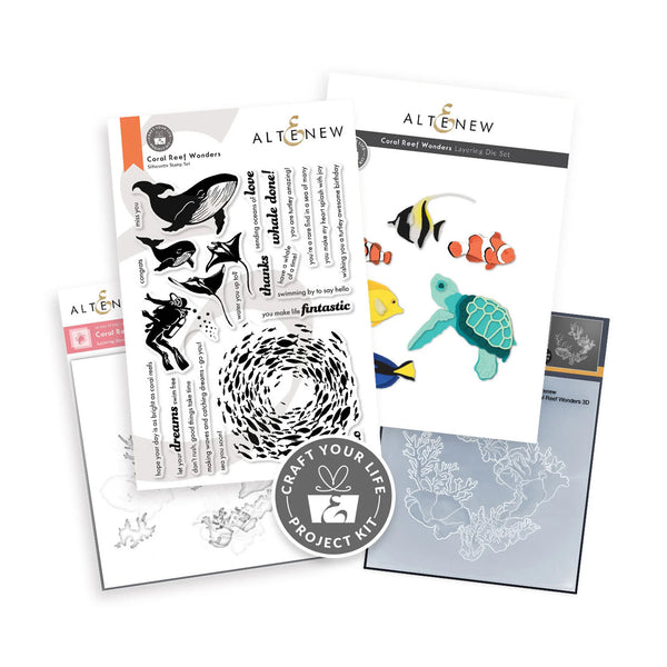Collection of Altenew stamps and dies with ocean-themed designs on a white background