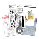 Altenew craft project kit with stamps, dies, and a planner sheet on a white background