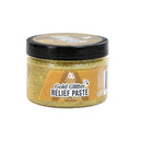 Jar of gold glitter relief paste with a black lid on a white background
