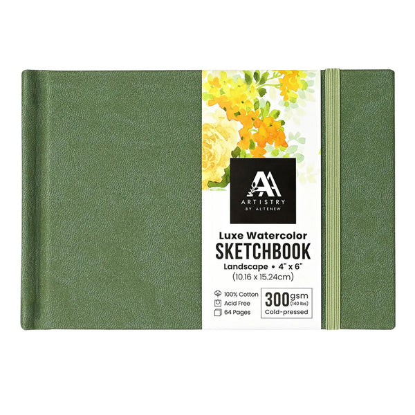 Green sketchbook with Artistry by Altenrath branding on a white background