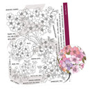 Floral design stamps with text and a colored example on a white background