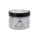 Jar of silver glitter relief paste on a white background