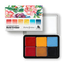 Watercolor compact set with six colorful swatches and floral packaging on a white background