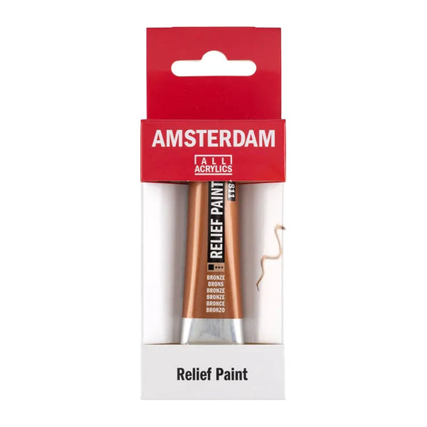 Amsterdam Relief Paint packaging with a tube of bronze paint on a white background