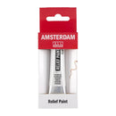 Amsterdam Relief Paint packaging with two paint tubes inside a red and white box on a white background