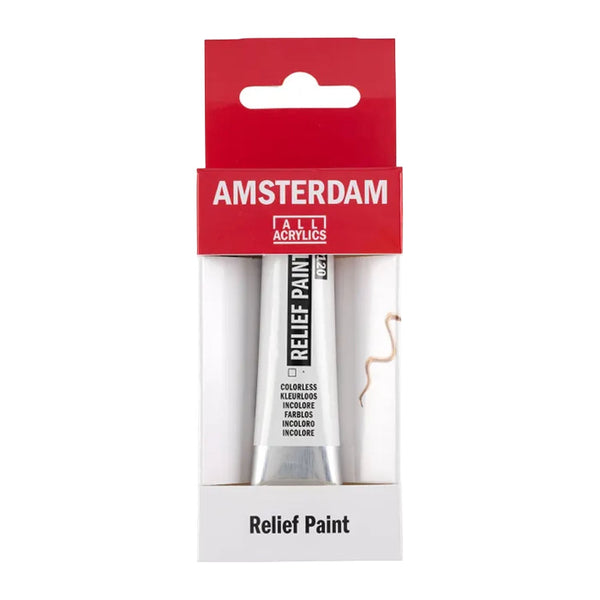 Amsterdam Relief Paint packaging with two paint tubes inside a red and white box on a white background