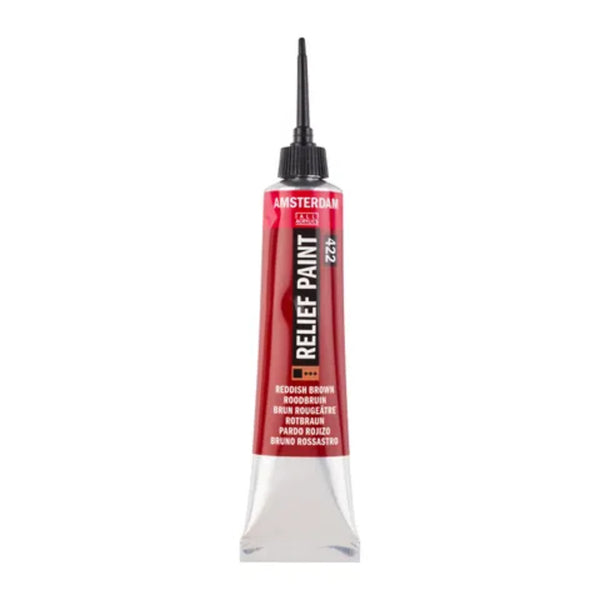 Red tube of relief paint with a white background