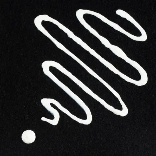 White squiggly line and dot on a black background