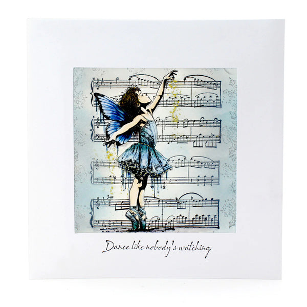 Illustration of a fairy dancing on sheet music with text 'Dance like nobody's watching' on a light gray background.