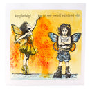 Illustration of two fairy characters with a birthday message on a colorful background