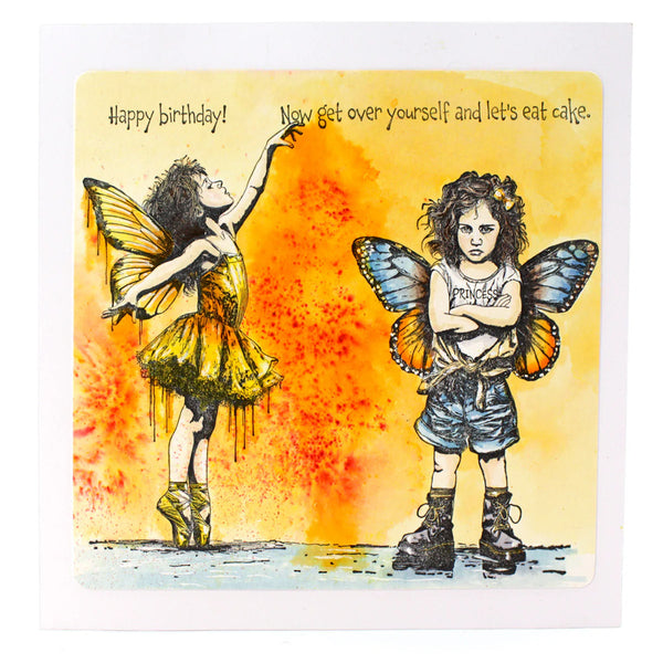 Illustration of two fairy characters with a birthday message on a colorful background