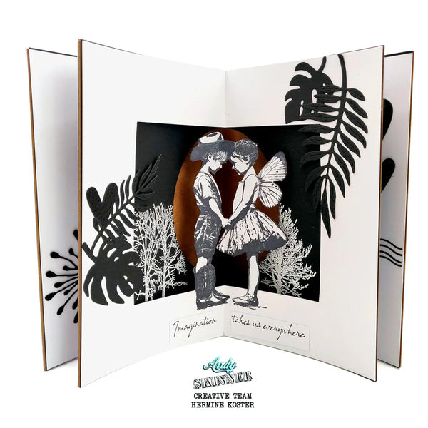 Black and white illustration of a couple dancing with leafy decorations on a white background