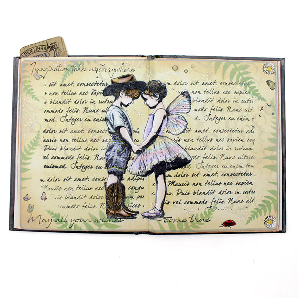 Open book with illustrations of a boy and girl holding hands, surrounded by text and decorative elements.