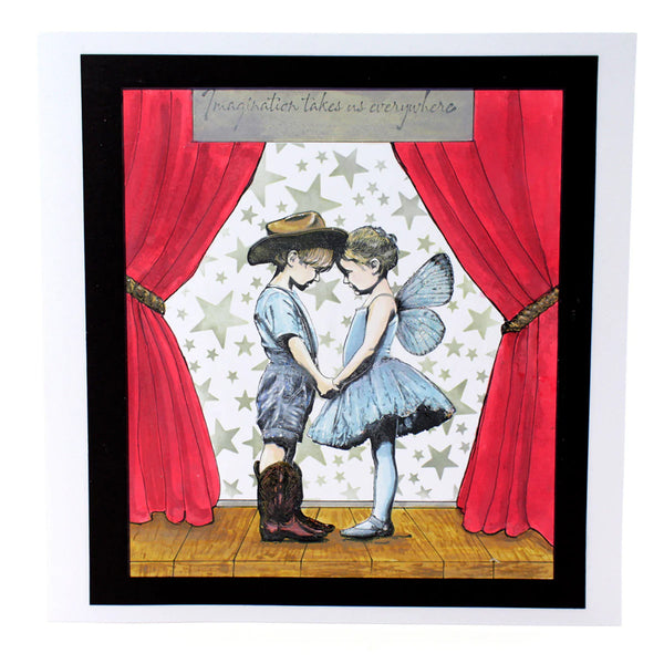 Illustration of a cowboy and fairy holding hands on a stage with red curtains and star patterned wall.