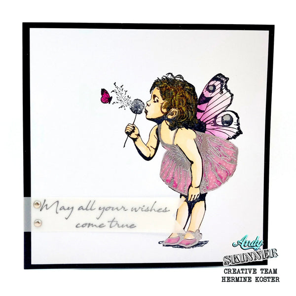 Illustration of a fairy blowing a bubble with text 'May all your wishes come true' by Audrey St. Amand.