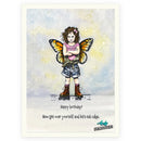 Illustration of a girl with butterfly wings and a birthday message on a light background