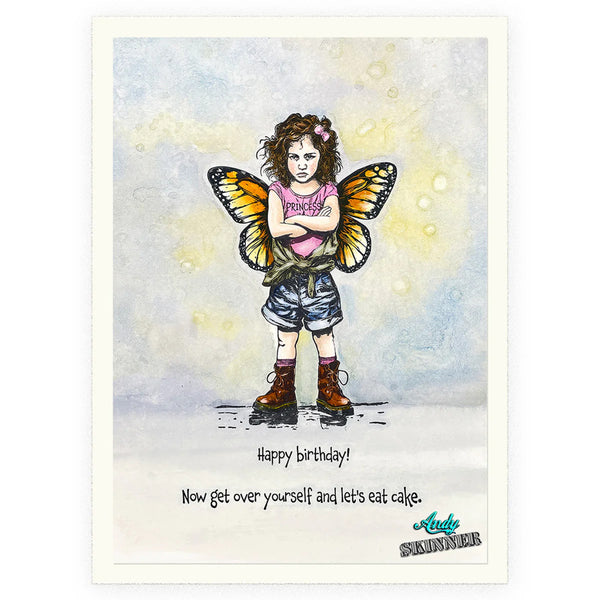 Illustration of a girl with butterfly wings and a birthday message on a light background