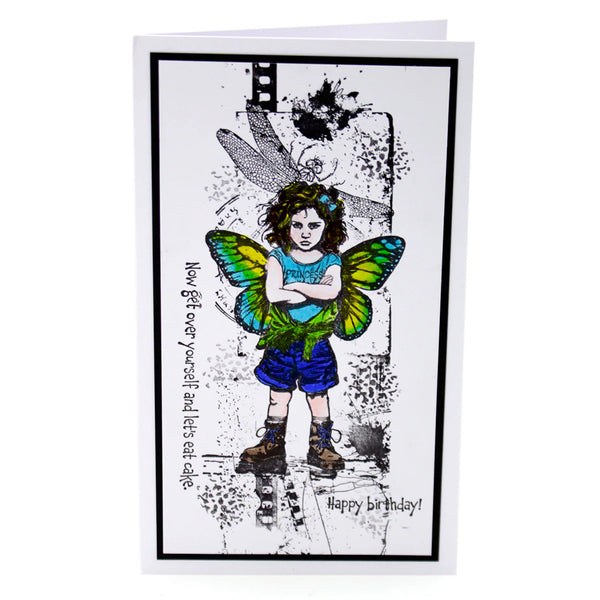 Greeting card with a fairy design and text on a white background
