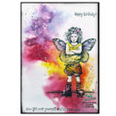 Illustration of a girl with fairy wings against a colorful, abstract background with 'Happy birthday!' text.