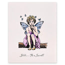 Illustration of a fairy sitting on a log with butterflies, on a light pink background.