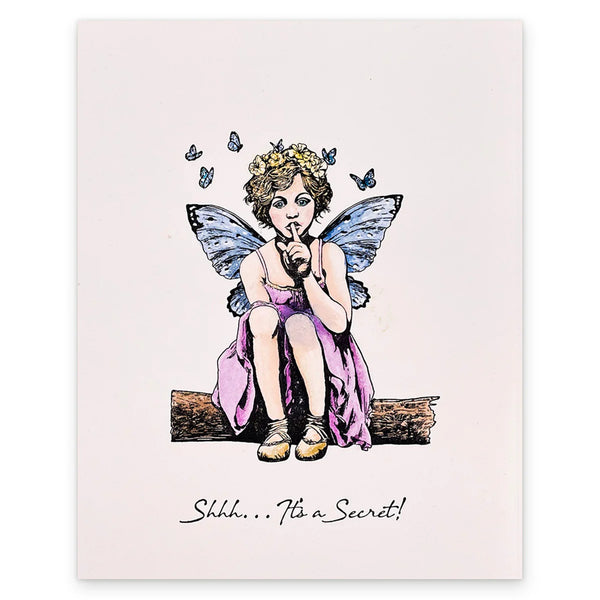 Illustration of a fairy sitting on a log with butterflies, on a light pink background.