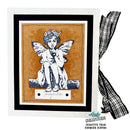 Framed artwork of a fairy with a checkered ribbon on a white background
