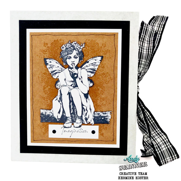 Framed artwork of a fairy with a checkered ribbon on a white background