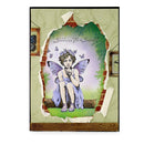 Fairy sitting on a bench with butterflies, framed artwork with decorative elements.