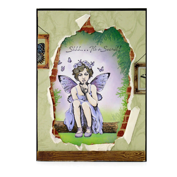 Fairy sitting on a bench with butterflies, framed artwork with decorative elements.