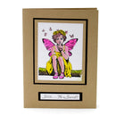 Greeting card with a fairy illustration on a brown background