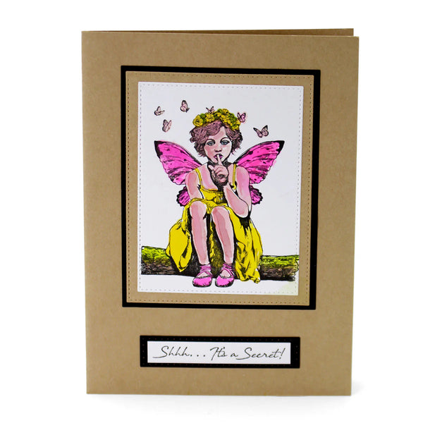 Greeting card with a fairy illustration on a brown background