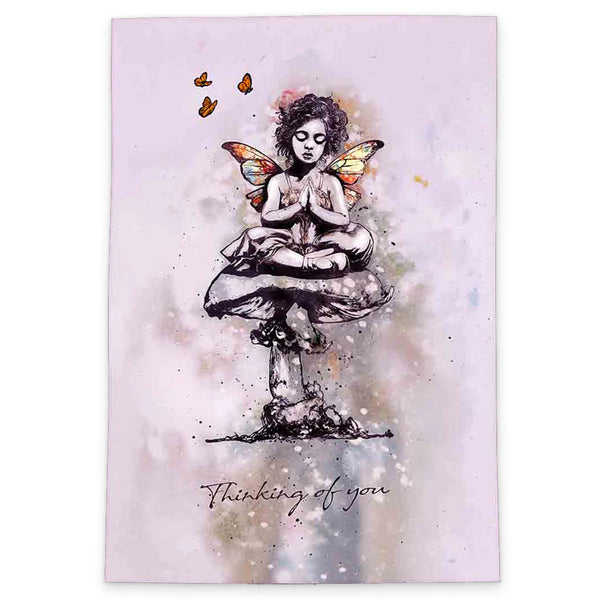 Artistic depiction of a fairy with butterfly wings on a light background with 'Thinking of you' text.