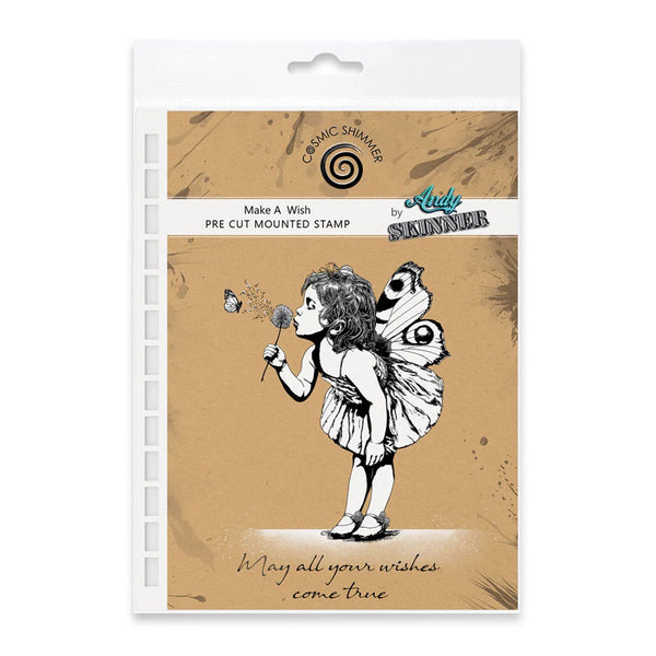 Package of a fairy stamp with decorative text on a brown background