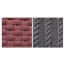 Two different knitted textures, one pink and one gray, on a white background.
