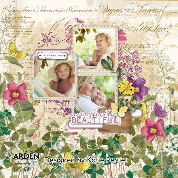 Design with floral elements, text, and family photos on a decorative background.