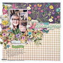 Scrapbook page with floral design, text, and a photo of a woman holding a glass.