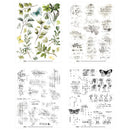 Sheet of decoupage paper with botanical illustrations and text on a white background