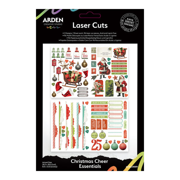 Packaging of Arden Creative Studio Christmas Cheer Essentials laser cut stickers with Santa Claus, ornaments, and other festive designs.