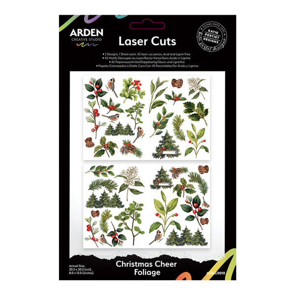 Packaging of Arden Creative Studio Christmas Cheer Foliage laser cuts with illustrations on a white background.