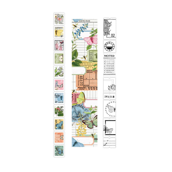 Decorative stamps with floral and nature-themed designs on a white background