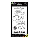 Clear stamp set with Christmas-themed text and graphics on a white background