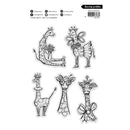 Set of five giraffe-shaped stamps with decorative elements on a white background