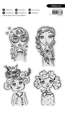 Four black and white illustrations of stylized female faces with unique hairstyles on a white background.