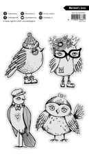Set of four stylized bird and owl illustrations with accessories on a white background.