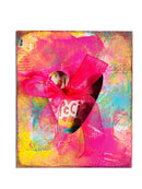 Colorful abstract painting with a pink bow and decorative elements on a white background