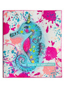 Colorful seahorse illustration on a splatter-painted background with 'Ticket to Happiness' text.