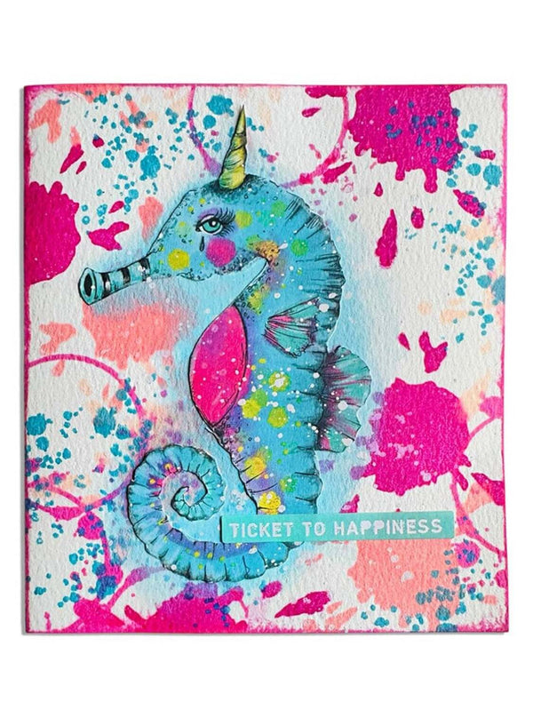 Colorful seahorse illustration on a splatter-painted background with 'Ticket to Happiness' text.